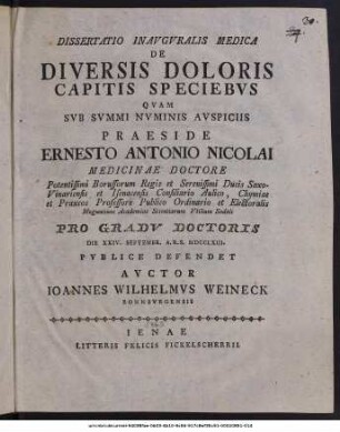 Dissertatio Inauguralis Medica De Diversis Doloris Capitis Speciebus