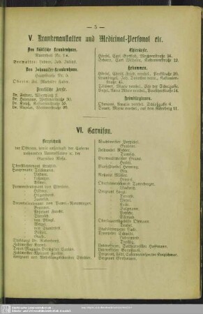 V. Krankenanstalten und Medicinal-Personal etc.