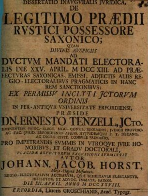 Diss. inaug. iur. de legitimo praedii rustici possessore Saxonico
