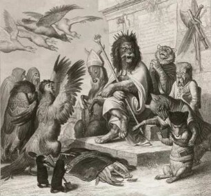 Kaulbach, Wilhelm von. Illustration zu Reineke Fuchs von Johann Wolfgang v. Goethe. Henning, der Hahn, klagt Reineke des Mordes an