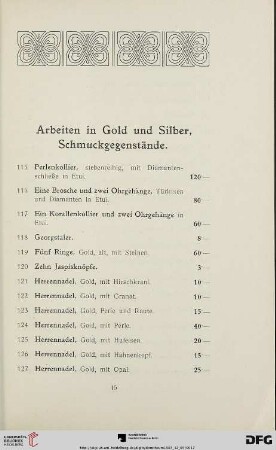Arbeiten in Gold und Silber, Schmuckgegenstände (Nr. 115-178)