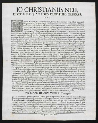 Io. Christianus Neu, Histor. Eloq. Ac Poes. Prof. Publ. Ordinar. B. L. S.