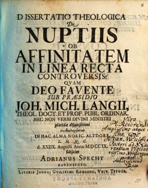 Diss. theol. de nuptiis ob affinitatem in linea recta controversis