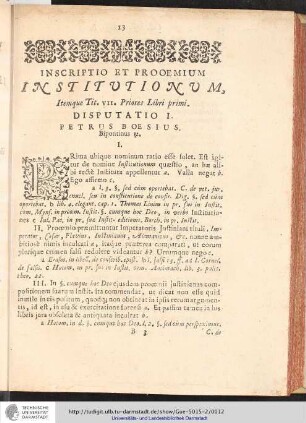 Inscriptio et Prooemium Institutionum ... Disputatio I