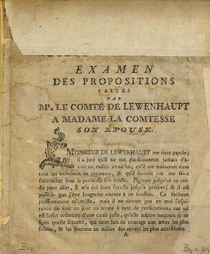 Examen des Propositions Faites Par Mr. Le Comte De Lewenhaupt A Madame La Comtesse Son Épouse