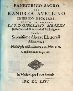 Panegirico sagro del B. Andrea Avellino