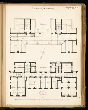 Kreiskrankenhaus, Insterburg Monatskonkurrenz November 1885: Grundriss Keller, Dachgeschoss 1:100; Maßstabsleiste