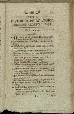Pars II. Historici, Philologici, Philosophici, Miscellanei.