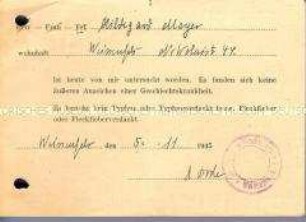 Bescheinigung über eine Untersuchung auf Geschlechtskrankheiten und Typhus - Familienkonvolut
