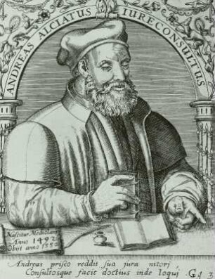 Andreas Alciatus : A. Alciato mit Feder u. Tintenfaß, Stich, 16. Jh.