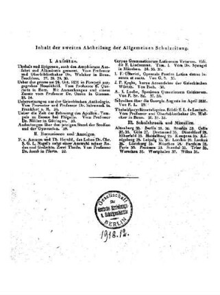 Inhalt der zweiten Abtheilung der Allgemeinen Schulzeitung : [März 1832, Heft 27 - 39]