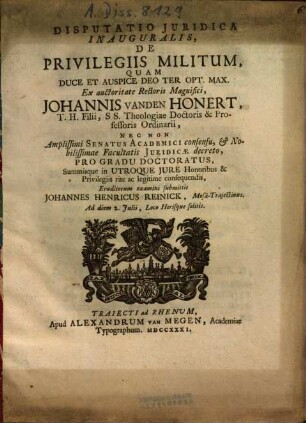 Disputatio Iuridica Inauguralis, De Privilegiis Militum