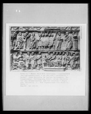 Lipsanothek (Reliquienkästchen) — Deckel: oben Christus im Garten Gethsemane, Gefangennahme, Verleugnung Petri; unten Christus vor den Hohepriestern und vor Pilatus