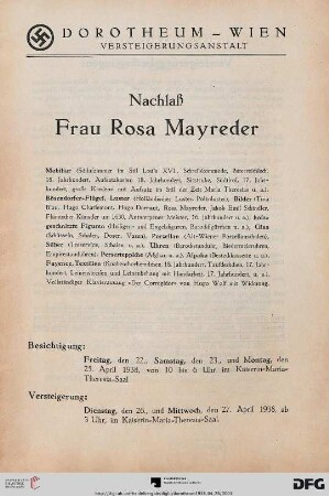 Nachlaß Frau Rosa Mayreder : Mobiliar, Bösendorfer-Flügel, Luster, Bilder, geschnitzte Figuren, Glas, ... : 26. und 27. April 1938