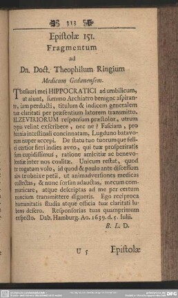 Epistolae 151. Fragmentum ad Dn. Doct. Theophilum Ringium Medicum Gedanensem