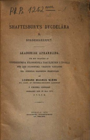 Shaftesbury's Dygdelära, I