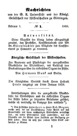 Nachrichten von der G. A. Universität und der Königl. Gesellschaft der Wissenschaften zu Göttingen. Februar 1. No. 1858. - December 27. No. 28. 1858.