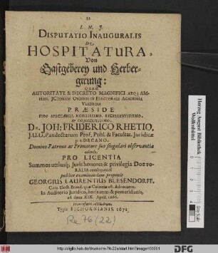 Disputatio Inauguralis De Hospitatura