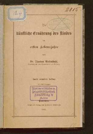 Die künstliche Ernährung des Kindes im ersten Lebensjahre