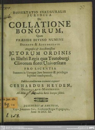 Dissertatio Inauguralis Iuridica De Collatione Bonorum