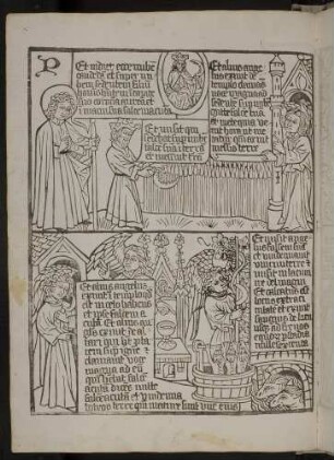 (1) Johannes sieht den Menschensohn bei der Ernte (Apc. XIV, 14-16); Engel am Altar, Weinlese (Apc. XIV, 17-20).