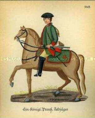 Uniformdarstellung, Feldjäger, Königreich Preußen, 1761. Kopie der Originaltafel 148 aus Becher: Wahrhaftige Nachrichten.