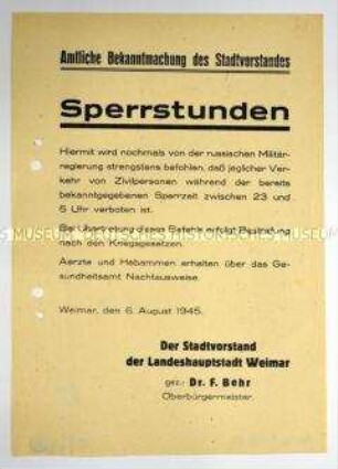 Amtliche Bekanntmachung des Stadtvorstandes von Weimar zur strikten Einhaltung der Sperrstunden