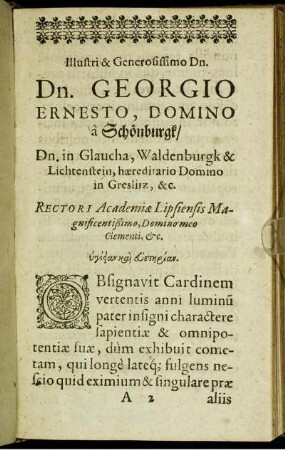 Illustri & Generosissimo Dn. Dn. Georgio Ernesto, Domino a Schönburgk [...]