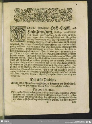 Die erste Predigt, Welche in der Neuerbaueten Kirche zu Thurnau am Gedächtniß-Tage des Heil. Apostels Thomae Anno 1702 gehalten worden