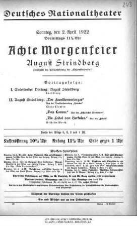 Achte Morgenfeier August Strindberg