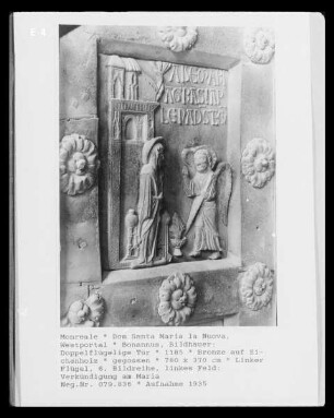 Bronzetür des Westportals — Linker Flügel, 6. Bildreihe, linkes Feld: Verkündigung am Maria