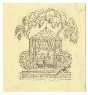 Exlibrisstudie für Marie Deppermann : Pavillon mit Sitzmöbeln, von Bäumen und Sträuchern umgeben, Treppe, Namenszug auf Treppenstufe