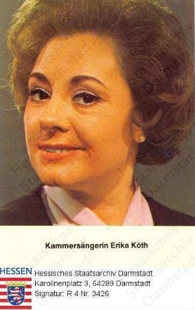 Köth, Erika (1927-1989) / Porträt, Kopfbild, mit Bildegende / Rückseite: Auswahl von Ariola-Schallplaten von Erika Köth