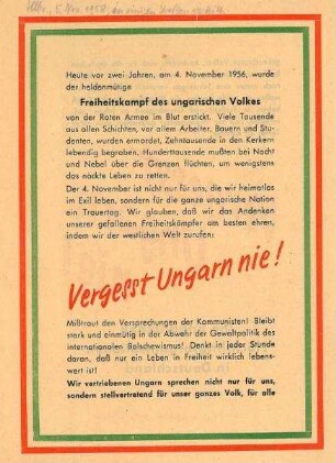 Flugblatt "Vergesst Ungarn nie!" zum 2. Jahrestag des Ungarnaufstandes am 4.11.56