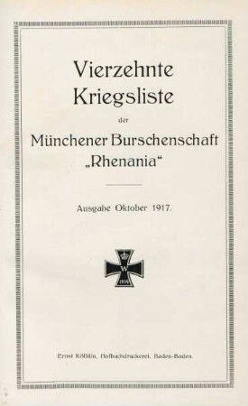 14.1917: Kriegsliste der Münchener Burschenschaft Rhenania