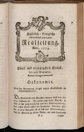 Fünf und vierzigstes Stück; den 9ten November. Wien, 1775.
