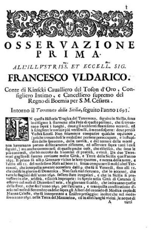 Osservazione Prima all'Illustriss. et Eccell. Sig. Francesco Uldarico ...