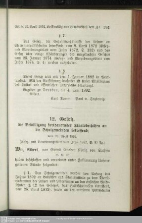 12. Gesetz, die Bewilligung fortdauernder Staatsbeihilfen an die Schulgemeinden betreffend; vom 26. April 1892