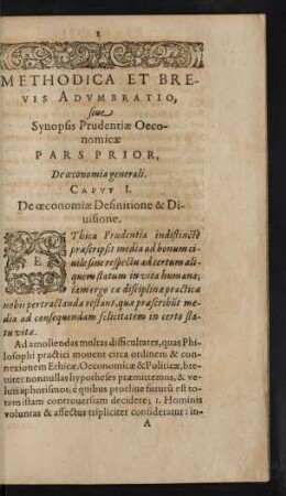 Methodica Et Brevis Adumbratio, sive Synopsis Prudentiae Oeconomicae Pars Prior, De oeconomia generali.