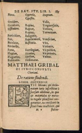 Matthaei Gribaldi ... De ratione studendi. Liber Secundus.
