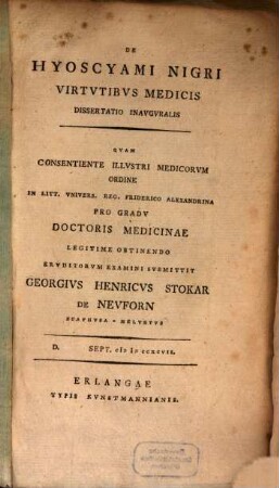 De Hyoscyami Nigri Virtvtibus Medicis Dissertatio Inavgvralis