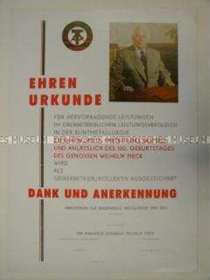 Vordruck der Ehrenurkunde für den Wettbewerb zu Ehren des IX. Parteitages der SED und des 100. Geburtstages von Wilhelm Pieck" (blanko)