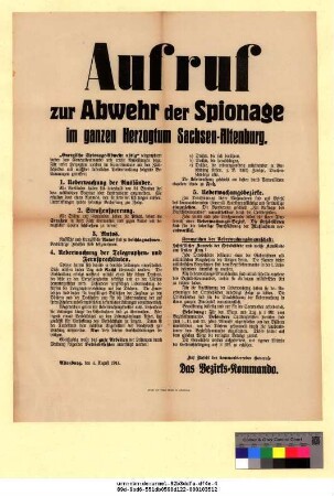 Originaltitel: Aufruf zur Abwehr der Spionage im ganzen Herzogtum Sachsen-Altenburg