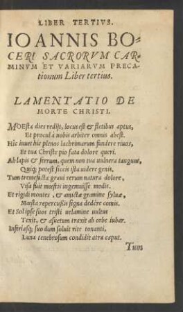 Ioannis Boceri Sacrorum Carminum Et Variarum Precationum Liber tertius.