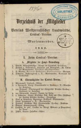 Verzeichniß der Mitglieder des Vereins Westpreußischer Landwirthe, Central-Vereins zu Marienwerder. 1862.