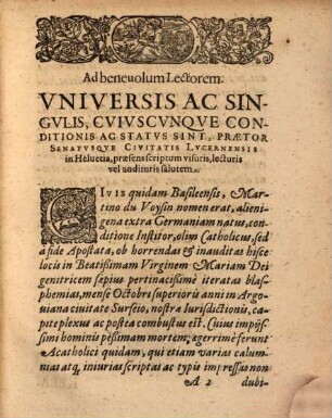 Vera et perspicua Relatio, quibus de causis Martinus du Voysin, civis Basileensis in Argoviana civitate Surseio, Lucernensi Reip. subiecta 13. Oct. 1608 capite plexus et postea combustus sit : edita nomine et jvssv eivsdem catholicae reipvb. Lucernensis Heluetici foederis, ad confutanda ea de re sparsa mendacia