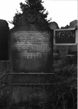 Grabstein 1354 (Index: 100104668) Material: Sandstein Zustand: leicht angewittert Maße HxBxT: 110x47x23 cm Beschreibung: Stele auf getrepptem Sockel, Konvexbogenabschluss, im Bogenfeld Blüte im Medaillon Symbolik: Blüte: Grabstein 1354