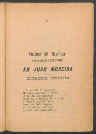 Canciones del Napolitano Francisco Cocoliche - En Juan Moreira : Drama criollo