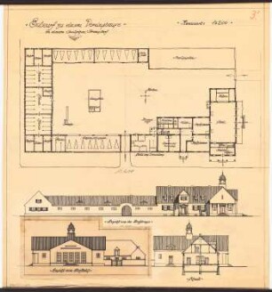 Vereinshaus Monatskonkurrenz Dezember 1920: Lageplan mit Grundriss Erdgeschoss, Aufriss Vorderansicht, Seitenansicht, Querschnitt 1:200