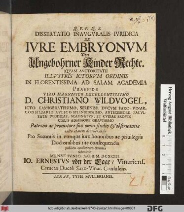 Dissertatio Inauguralis Iuridica De Iure Embryonum